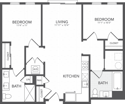 Floor plan for 2 beds, 2 baths, 966 sqft
